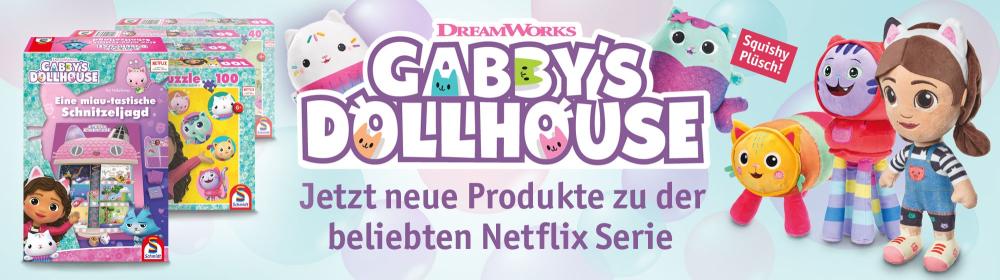 Gabby's Dollhouse Spielzeug Produkte zur Netflix-Serie Gabby’s Dollhouse: bunte Plüschfiguren, Spielsets und Puzzles mit Gabby und ihren Katzenfreunden.
