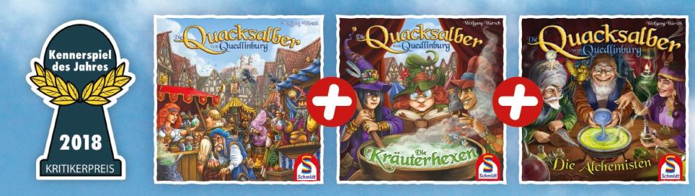 Kennerspiel des Jahres 2018: Quacksalber von Quedlinburg mit den Erweiterungen Die Kr&auml;uterhexen und Die Alchemisten.