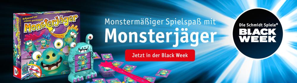 Brettspiel Monsterjäger mit bunten Monstern beworben – Aktion zur Schmidt Spiele Black Week.