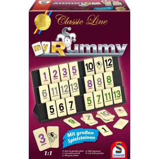 Vorderseite der Verpackung vom Artikel 49282, MyRummy® mit großen Spielfiguren, Classic Line, Familienspiel Vorderseite der Verpackung vom Artikel 49282, MyRummy® mit großen Spielfiguren, Classic Line, Familienspiel
