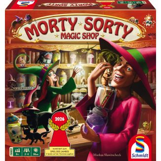 Verpackungsvorderseite aus einem anderen Blickwinkel vom Artikel 49468, Morty Sorty Magic Shop, Familienspiel