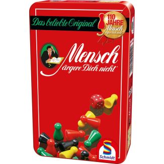 Vorderseite der Verpackung vom Artikel 51204, Mensch ärgere Dich nicht®: Reisespiel in der Metalldose