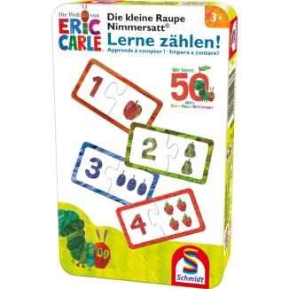 Verpackungsvorderseite aus einem anderen Blickwinkel vom Artikel 51238, Die kleine Raupe Nimmersatt: Lerne zählen!, Reisespiel in der Metalldose