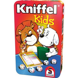 Verpackungsvorderseite aus einem anderen Blickwinkel vom Artikel 51245, Kniffel®: Kids, Reisespiel in der Metalldose Verpackungsvorderseite aus einem anderen Blickwinkel vom Artikel 51245, Kniffel®: Kids, Reisespiel in der Metalldose
