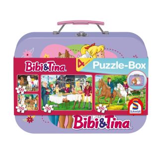 Verpackungsvorderseite aus einem anderen Blickwinkel vom Artikel 55609, Bibi & Tina: Lila Puzzle-Box im Metallkoffer mit 4 Kinderpuzzles (2 x 100 und 2 x 150 Teile)