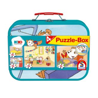 Verpackungsvorderseite aus einem anderen Blickwinkel vom Artikel 55892, Bobo Siebenschläfer: Puzzle-Box im Metallkoffer mit 4 Kinderpuzzles (2 x 26 und 2 x 48 Teile)