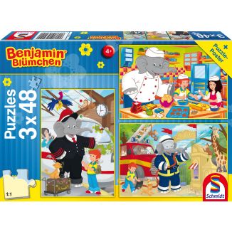 Vorderseite der Verpackung vom Artikel 56209, Benjamin Blümchen: Immer im Einsatz, 3x48-teiliges Kinderpuzzle Vorderseite der Verpackung vom Artikel 56209, Benjamin Blümchen: Immer im Einsatz, 3x48-teiliges Kinderpuzzle