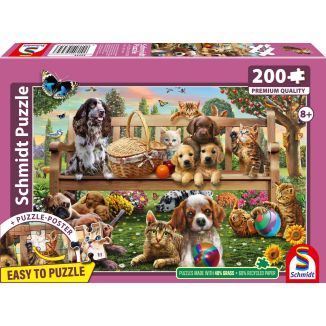 Vorderseite der Verpackung vom Artikel 56534, Gartenpicknick für Hund und Katze, 200 Teile Kinderpuzzle