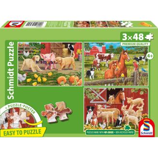 Vorderseite der Verpackung vom Artikel 56579, Tiere auf dem Bauernhof, 3 x 48 Teile Kinderpuzzle