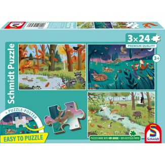 Vorderseite der Verpackung vom Artikel 56581, Wald- und Wiesentiere, 3 x 24 Teile Kinderpuzzle