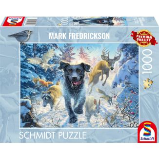 Vorderseite der Verpackung vom Artikel 58558, Mark Fredrickson: Hundeliebe – schwarzer Labrador im Schnee, 1.000 Teile Puzzle Vorderseite der Verpackung vom Artikel 58558, Mark Fredrickson: Hundeliebe – schwarzer Labrador im Schnee, 1.000 Teile Puzzle