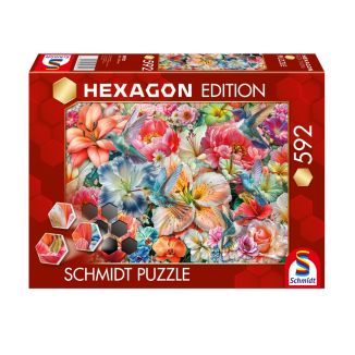 Verpackungsvorderseite aus einem anderen Blickwinkel vom Artikel 59721, Hexagon Edition: Große Blüten, 592 Teile Puzzle-Challenge Verpackungsvorderseite aus einem anderen Blickwinkel vom Artikel 59721, Hexagon Edition: Große Blüten, 592 Teile Puzzle-Challenge
