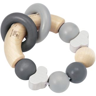 Spielmaterial vom Artikel 64002, bellybutton: Glücksgriff grau, Stern Greifling mit Klapperringen aus Holz, 7,5 cm