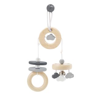 Spielmaterial vom Artikel 64005, bellybutton: Wolken Spaß, Minitrapez, Mobile mit Glöckchen aus Holz, Grau, 15,5 cm