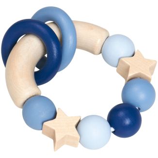 Spielmaterial vom Artikel 64010, bellybutton: Glücksgriff blau,  Stern Greifling mit Klapperringen aus Holz, 7,5 cm