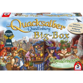 Vorderseite der Verpackung vom Artikel 49390, Big Box: Die Quacksalber von Quedlinburg  (Grundspiel + 1 Erweiterungen +  Mini-Erweiterung) , Familienspiel