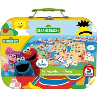 Vorderseite der Verpackung vom Artikel 40640, Sesamstrasse®: Lernspielsammlung (4 Spiele), Kinderspiel im Metallkoffer