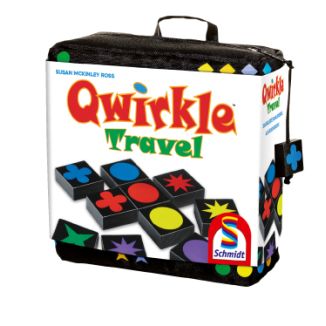 Verpackungsvorderseite aus einem anderen Blickwinkel vom Artikel 49270, Qwirkle Travel, Reisespiel