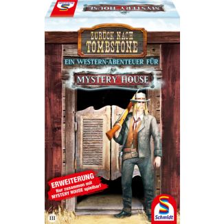 Vorderseite der Verpackung vom Artikel 49385, Mystery House, Zurück nach Tombstone, 1. Erweiterung, Familienspiel
