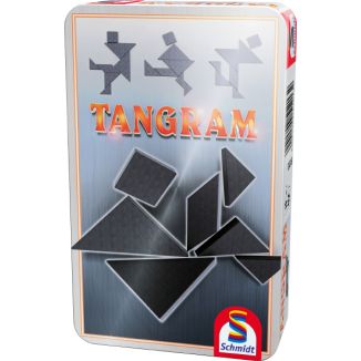 Verpackungsvorderseite aus einem anderen Blickwinkel vom Artikel 51213, Tangram, Reisespiel in der Metalldose