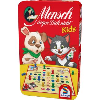Verpackungsvorderseite aus einem anderen Blickwinkel vom Artikel 51273, Mensch ärgere Dich nicht®: Kids, Reisespiel in der Metalldose