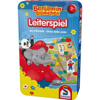 Vorderseite der Verpackung vom Artikel 51280, Benjamin Blümchen: Leiterspiel, Reisespiel in der Metalldose