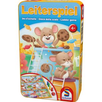 Vorderseite der Verpackung vom Artikel 51284, Leiterspiel, Reisespiel in der Metalldose