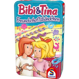Vorderseite der Verpackung vom Artikel 51404, Bibi & Tina: Freundschaftsbändchen, Reisespiel in der Metalldose