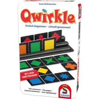 Vorderseite der Verpackung vom Artikel 51410, Qwirkle, Reisespiel in der Metalldose