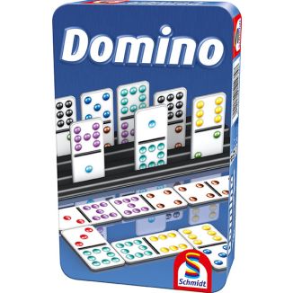 Vorderseite der Verpackung vom Artikel 51435, Domino, Reisespiel in der Metalldose