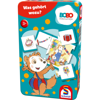 Vorderseite der Verpackung vom Artikel 51442, Bobo Siebenschläfer: Was gehört wozu?, Reisespiel in der Metalldose