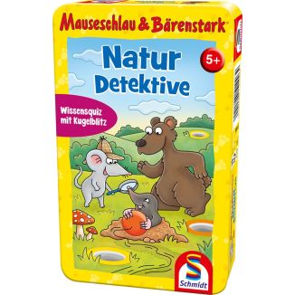 Verpackungsvorderseite aus einem anderen Blickwinkel vom Artikel 51446, Mauseschlau & Bärenstark: Naturdetektive, Reisespiel in der Metalldose