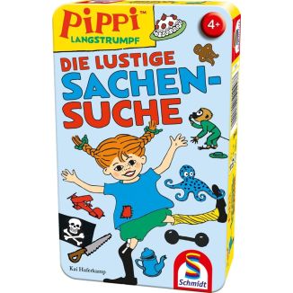 Vorderseite der Verpackung vom Artikel 51448, Pippi™ Langstrumpf: Die lustige Sachensuche, Reisespiel in der Metalldose