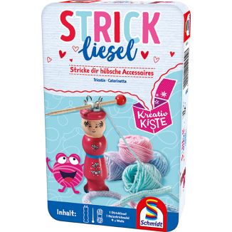 Vorderseite der Verpackung vom Artikel 51604, Kreativkiste - Strickliesel, Reisespiel in der Metalldose