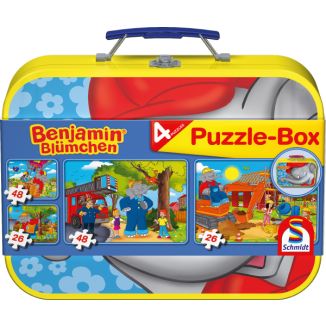 Verpackungsvorderseite aus einem anderen Blickwinkel vom Artikel 55594, Benjamin Blümchen: im Metallkoffer mit 4 Kinderpuzzles (2 x 26 und 2 x 48 Teile)
