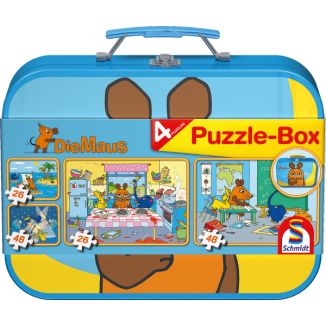 Verpackungsvorderseite aus einem anderen Blickwinkel vom Artikel 55597, Die Maus im Metallkoffer mit 4 Kinderpuzzles (2 x 26 und 2 x 48 Teile)