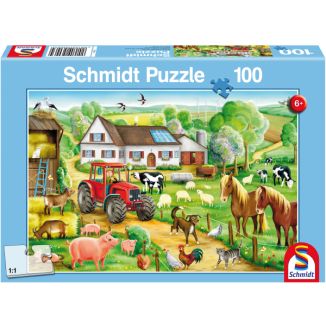 Verpackungsvorderseite aus einem anderen Blickwinkel vom Artikel 56003, Fröhlicher Bauernhof, 100 Teile Kinderpuzzle