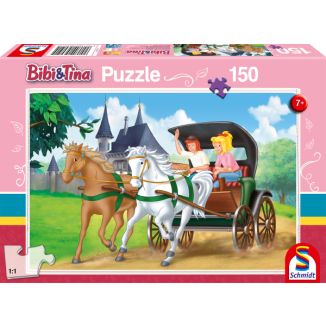 Verpackungsvorderseite aus einem anderen Blickwinkel vom Artikel 56051, Bibi & Tina: Kutschfahrt, 150 Teile Kinderpuzzle