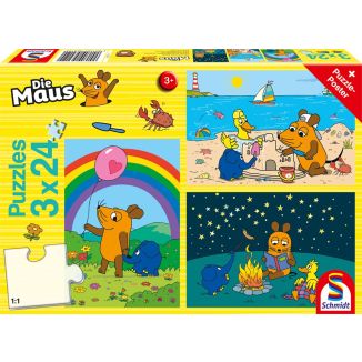 Vorderseite der Verpackung vom Artikel 56212, Die Maus: Gute Freunde, 3x24-teiliges Kinderpuzzle