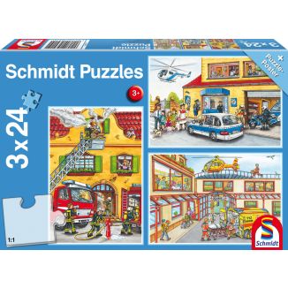 Vorderseite der Verpackung vom Artikel 56215, Feuerwehr & Polizei, 3x24-teiliges Kinderpuzzle