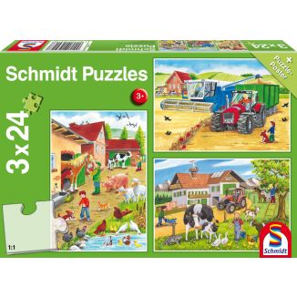 Vorderseite der Verpackung vom Artikel 56216, Auf dem Bauernhof, 3x24-teiliges Kinderpuzzle