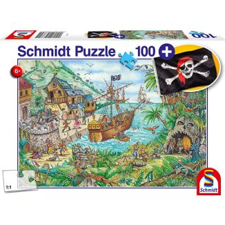 Vorderseite der Verpackung vom Artikel 56330, In der Piratenbucht, 100 Teile Kinderpuzzle mit Add-on (Piratenflagge)