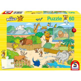 Verpackungsvorderseite aus einem anderen Blickwinkel vom Artikel 56349, Die Maus: im Zoo, 60 Teile Kinderpuzzle