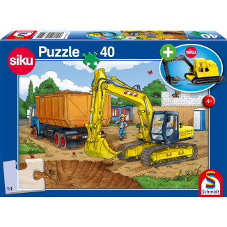 Vorderseite der Verpackung vom Artikel 56350, Siku: Bagger, 40 Teile Kinderpuzzle mit Add-on (Original Bagger)