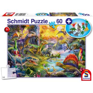 Vorderseite der Verpackung vom Artikel 56372, Dinosaurier, 60 Teile Kinderpuzzle mit Add-on (Dinosaurier-Figuren-Set)