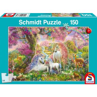 Vorderseite der Verpackung vom Artikel 56387, Einhornfamilie im Blütenwald, 150 Teile Kinderpuzzle