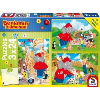 Vorderseite der Verpackung vom Artikel 56400, Benjamin Blümchen: Im Zoo, 3x24-teiliges Kinderpuzzle