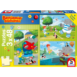 Vorderseite der Verpackung vom Artikel 56401, Benjamin Blümchen: Sport und Spiel mit Törööö!, 3x48 Teile Kinderpuzzle