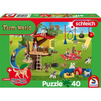 Verpackungsvorderseite aus einem anderen Blickwinkel vom Artikel 56403, Schleich ®: Farm World - Fröhliche Hunde, 40 Teile Kinderpuzzle mit Add-on (Original Figur)