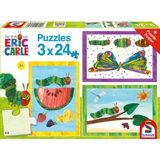 Vorderseite der Verpackung vom Artikel 56430, Die kleine Raupe Nimmersatt: Raupe-Kokon-Schmetterling, 3x24 Teile Kinderpuzzle